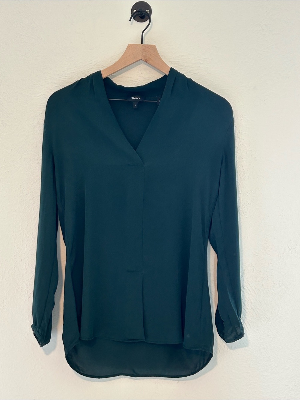 Theory 100% Silk Forest Green Blouse Professional Office Career| Size S| Flawed